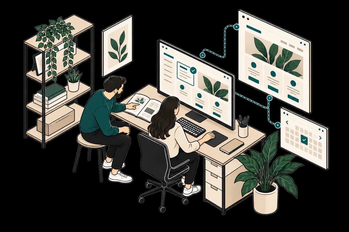 A business owner learning to manage her digital presence with a consultant beside her.